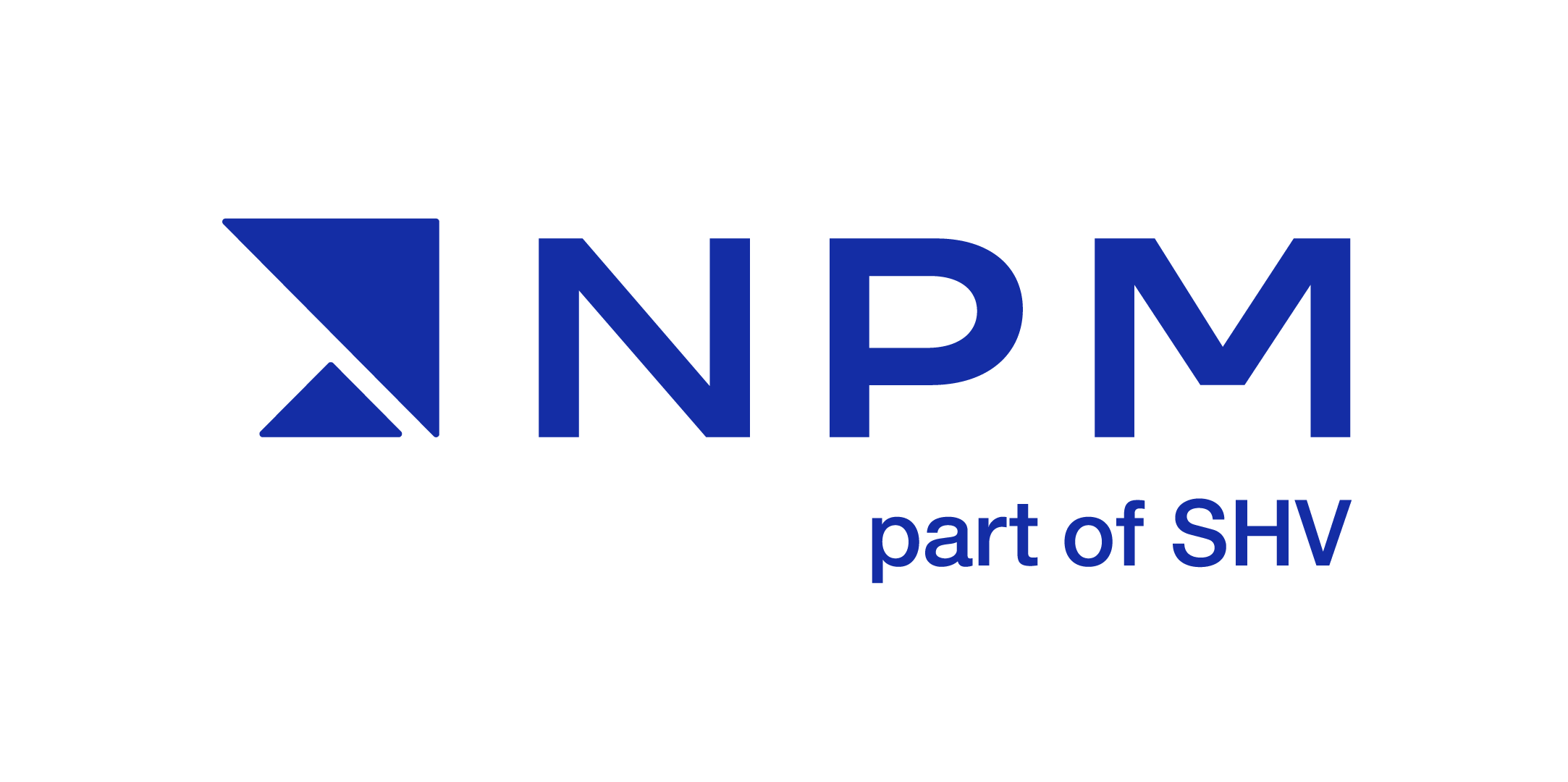 A logo with the letters 'NPM' in large, bold, uppercase letters. To the left of the 'N' is a blue triangle with its point facing left, and to the right of the 'M' is the phrase 'part of SHV' in smaller uppercase letters. The background is black.