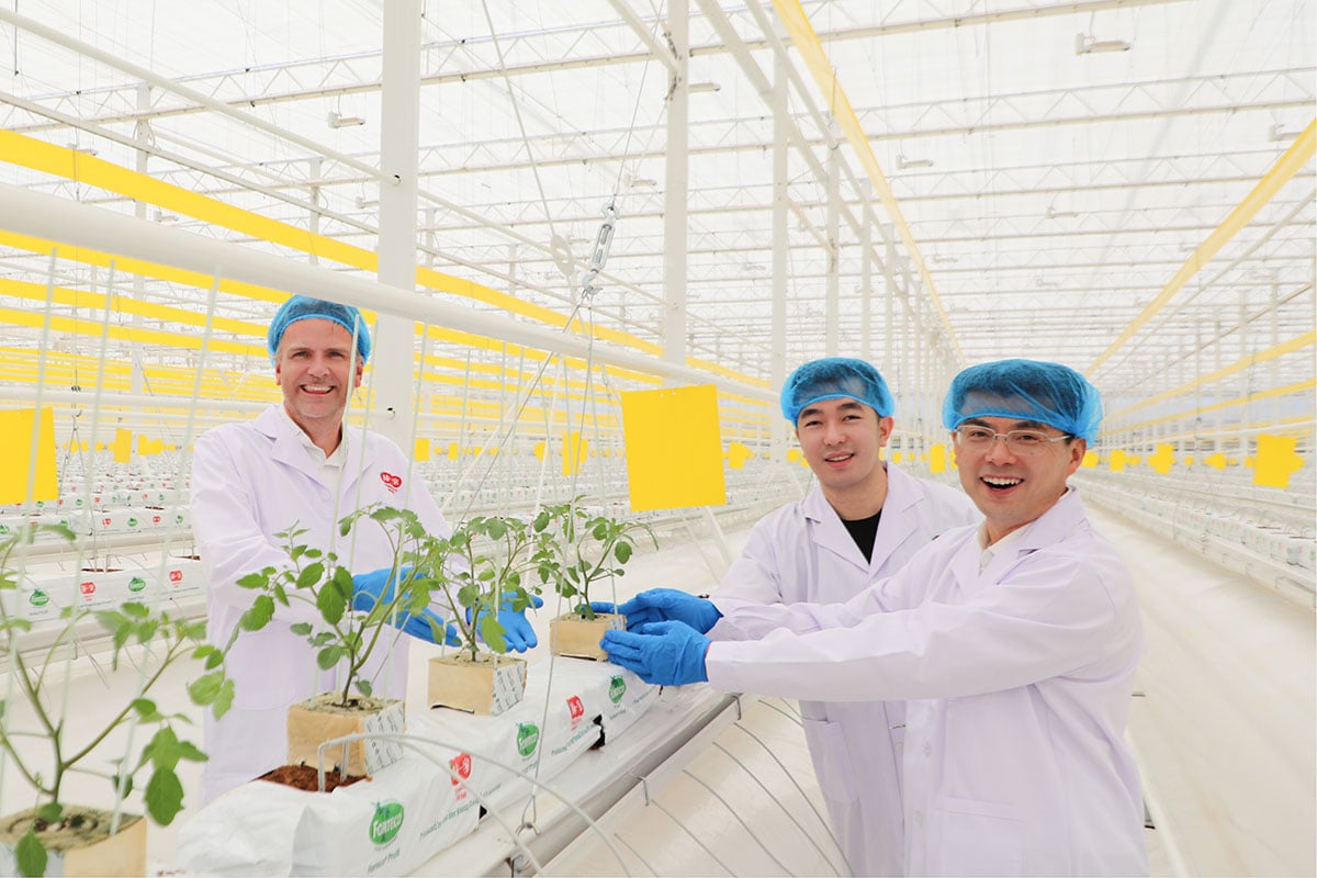 Tree individuals wearing white lab coats and blue hairnets,  in a greenhouse. They are standing behind a bench that holds several small plants, possibly young seedlings. The greenhouse has a high ceiling.