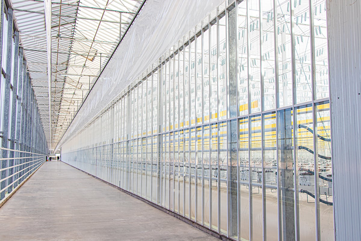 An indoor corridor with a metallic railing on the left side, a ceiling with a grid pattern, and a mix of natural daylight coming through the windows and artificial lighting. There are yellow markings on the floor, and the space appears to be a vehicle storage area.
