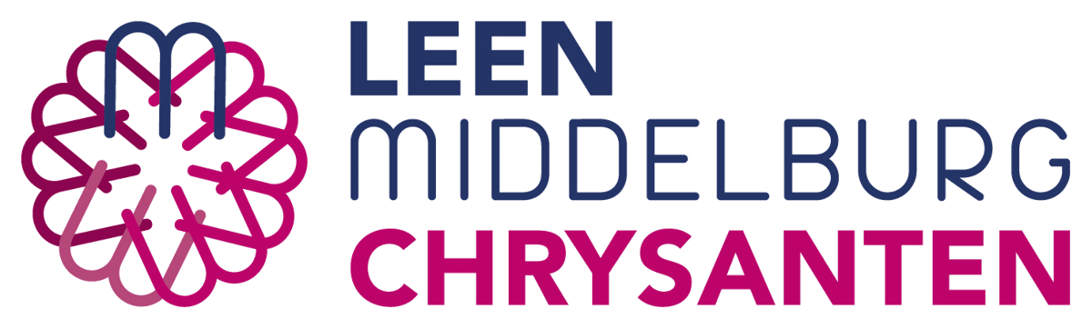 Logo of Leen Middelburg Chrysanten with a pink-blue flower shape on the left.