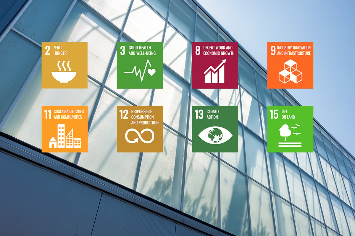A modern glass building with a clear blue sky in the background. Overlaying the building are colorful icons representing various Sustainable Development Goals (SDGs). These icons include themes such as Zero Hunger, Good Health and Well-Being, Climate Action, and Life on Land, among others.
