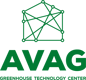De afbeelding toont een logo voor het AVAG Greenhouse Technology Center. Het bevat gestileerde tekst met 'AVAG' in grote groene letters, gevolgd door 'GREENHOUSE TECHNOLOGY CENTER' in kleinere tekst. Boven de tekst is een afbeelding van een geometrische kasstructuur die een netwerk suggereert.