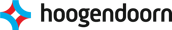 A stylized text that reads 'hoogendoorn' in a bold, sans-serif font. The text is black with a partially occluded letter 'h' that is integrated into a graphic design element consisting of intertwined blue and red ribbon-like shapes on the left side.