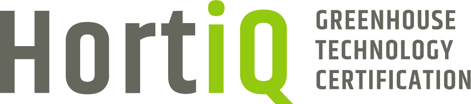 A logo or graphic that includes the text 'HortiQ' in black and green colors. To the right of the text, the words 'GREENHOUSE TECHNOLOGY CERTIFICATION' are written in uppercase letters, also in black.