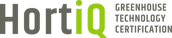 Een logo met de tekst 'HortiQ' in zwarte en groene kleuren. Rechts van de tekst staan de woorden 'GREENHOUSE TECHNOLOGY CERTIFICATION' in hoofdletters, ook in zwart.