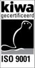 A certification logo for kiwa, featuring a graphic of a kiwi bird and the text 'kiwa gecertificeerd' along with 'ISO 9001'.