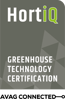 De afbeelding toont een badge met de tekst 'Hortiq Greenhouse Technology Certification'. Het woord 'Hortiq' staat bovenaan en 'GREENHOUSE TECHNOLOGY CERTIFICATION' staat eronder. De achtergrond is groen met een geometrisch ontwerp en in het midden onderaan staat een cirkelvormig logo met de tekst 'AVAG CONNECTED'.